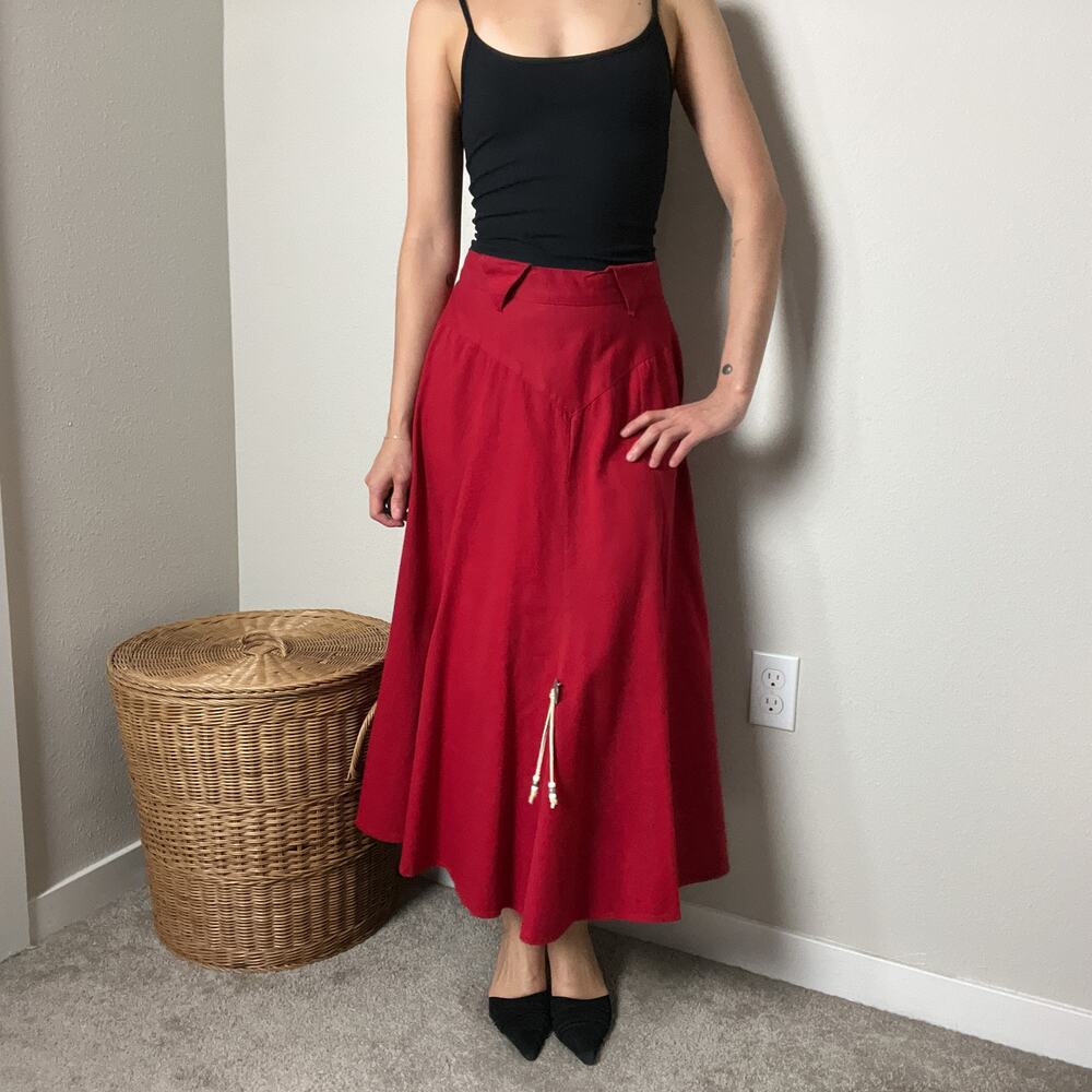 vintage red cotton high waisted western prairie concho a line midi skirt